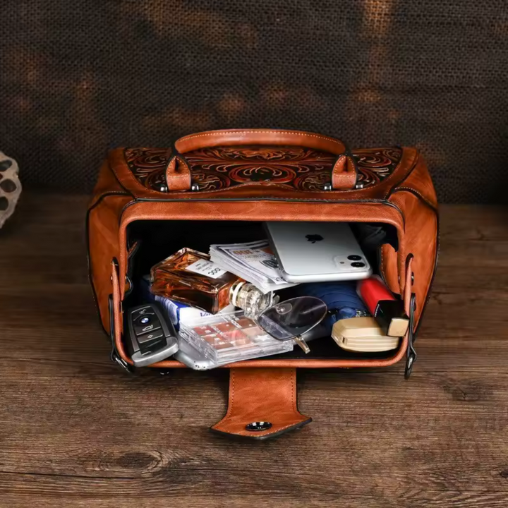 Florina - Gegravierte Lederhandtasche mit Blumenmuster
