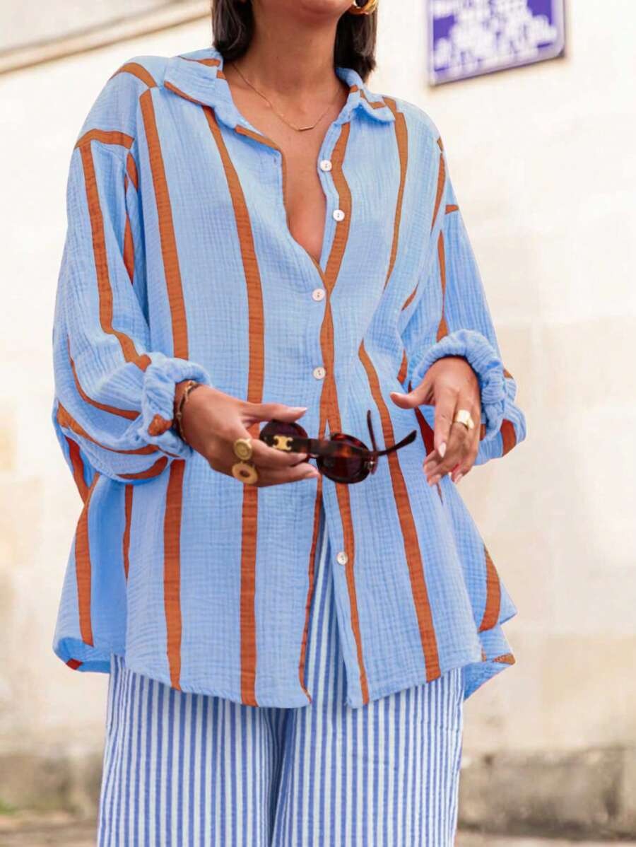 VINCLAIRE™ - Cozy Striped Long Sleeve Button Down Blouse